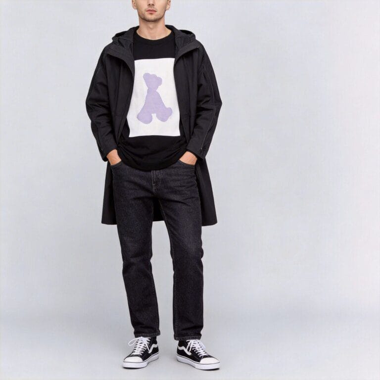 Jimeng 2026 04 01 4418 将第1张图片中的模特与第2张图片中的大衣夹克进行合成，生成正面全身照，背景为纯浅...