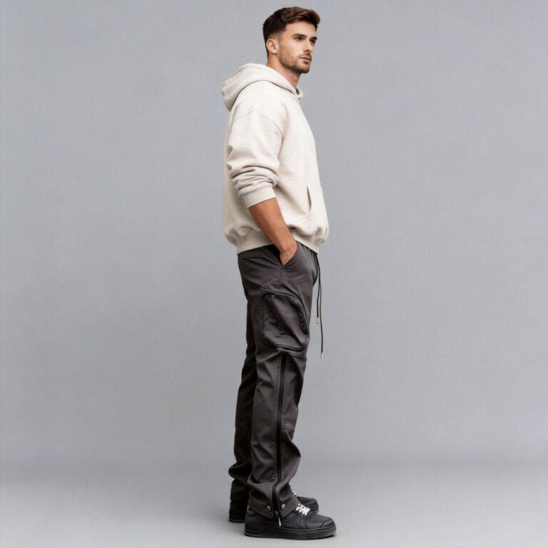 Jimeng 2026 04 01 2771 将第一张图片中的模特与第二张图片中的裤子结合，生成模特穿着该裤子的全身侧面照片，...