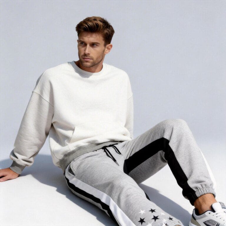 jimeng 2026 03 30 9097 将模特替换为第一张图片中的欧美男模特，穿着第三张图片的裤子，上半身自由搭配，休闲...