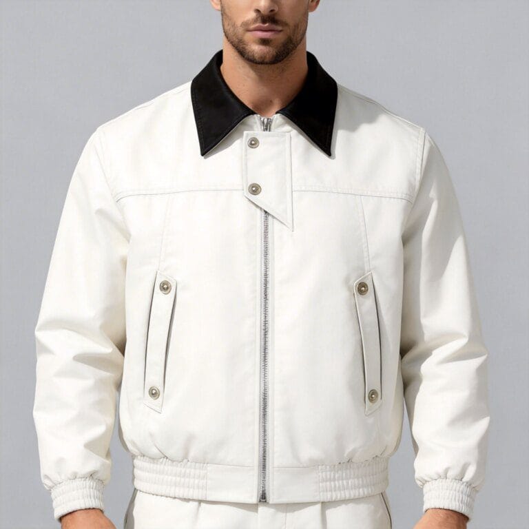 Jimeng 2026 04 01 5805 将第一张图片的模特替换到第二张图片的白色夹克中，生成上半身正面照，背景为纯浅灰色...