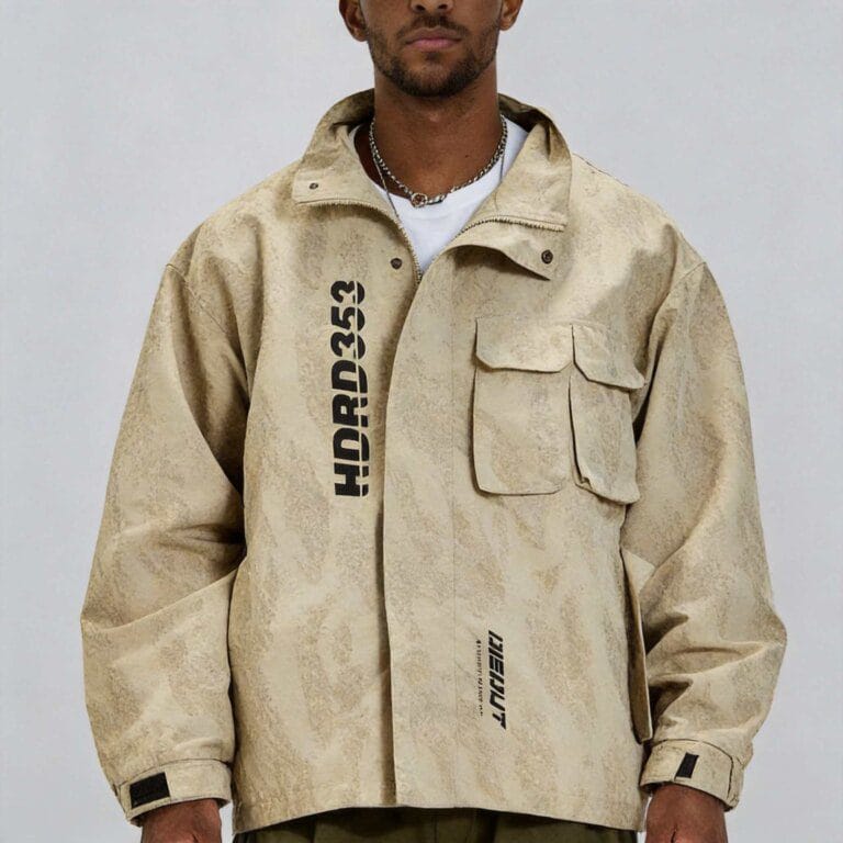 Jimeng 2026 04 01 4043 将第一张图片的模特替换到第二张图片的夹克中，生成上半身正面照，背景为纯浅灰色，下...