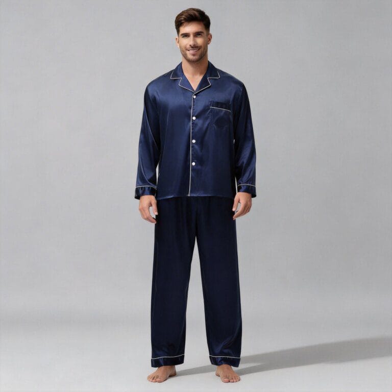 Jimeng 2026 04 01 2311 将第1张图片中的模特与第2张图片中的深蓝色丝绸睡衣进行合成，生成正面全身照，背景...