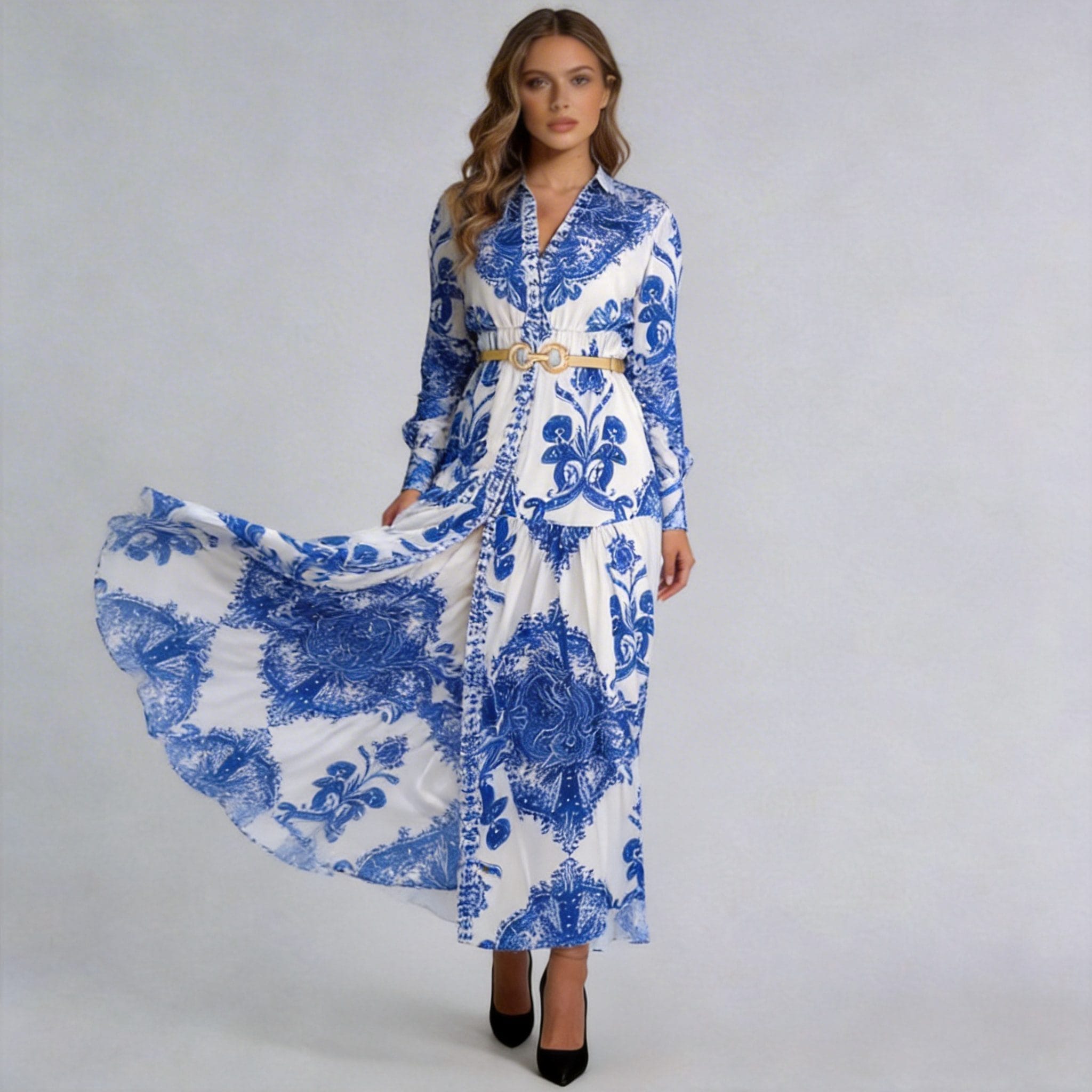 Reactive Digital Print Dress Manufacturer - Blue White Maxi Dress Front