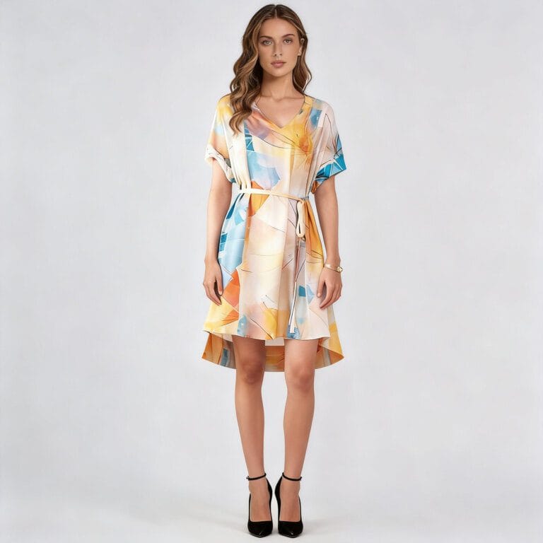 Woven digital print dress side view