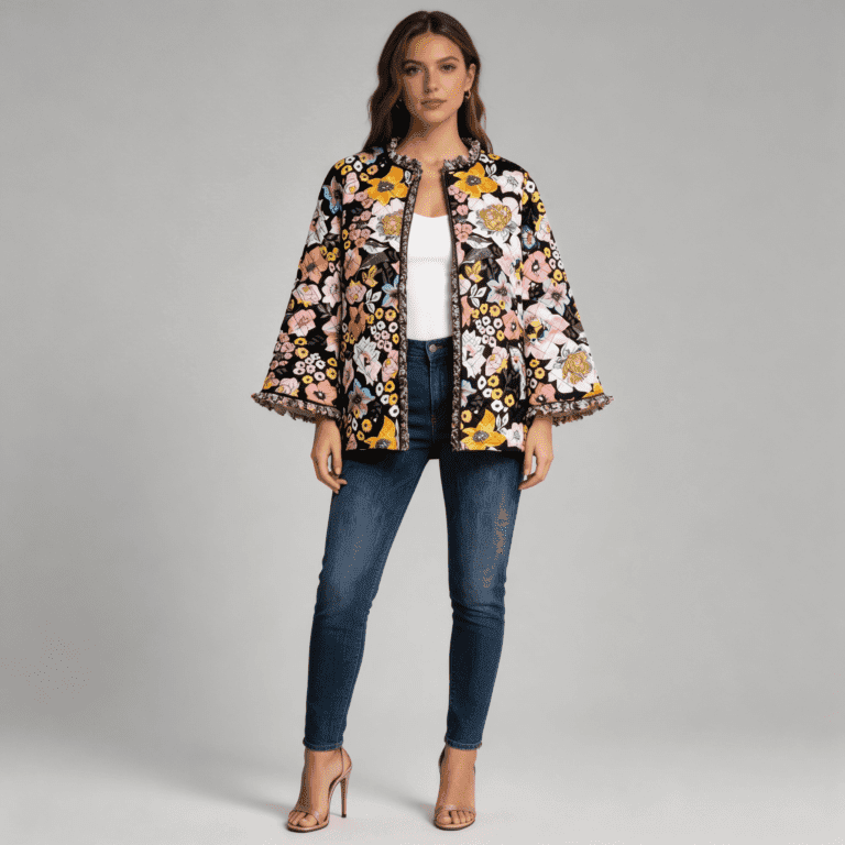 jimeng 2026 03 23 9007 为模特穿着的花色夹克添加合适的内搭，保持背景为纯浅灰色，模特穿高跟鞋，下装自由搭...