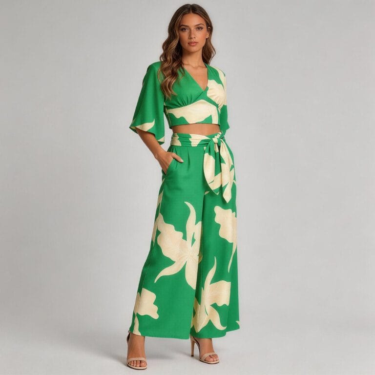 jimeng 2026 03 25 7262 第一张图的模特穿着同款绿底印花套装，脚穿高跟鞋，侧身站立，手插裤袋，姿态随性放松...