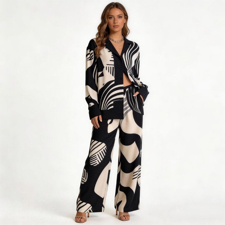 jimeng 2026 03 25 6757 第一张图的模特穿着黑白几何印花套装，脚穿高跟鞋，侧身站立，手插裤袋，姿态随性自然...