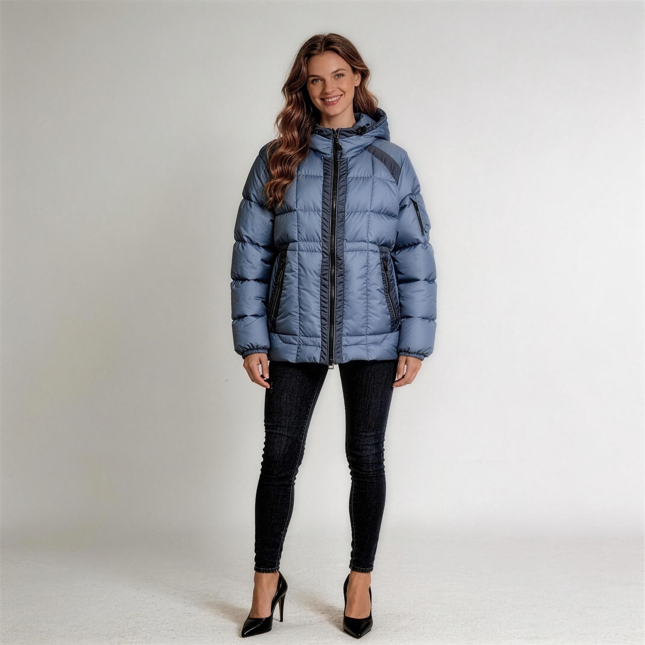 Custom Women'S Down And Puffer Jackets - Blue Quilted Front View