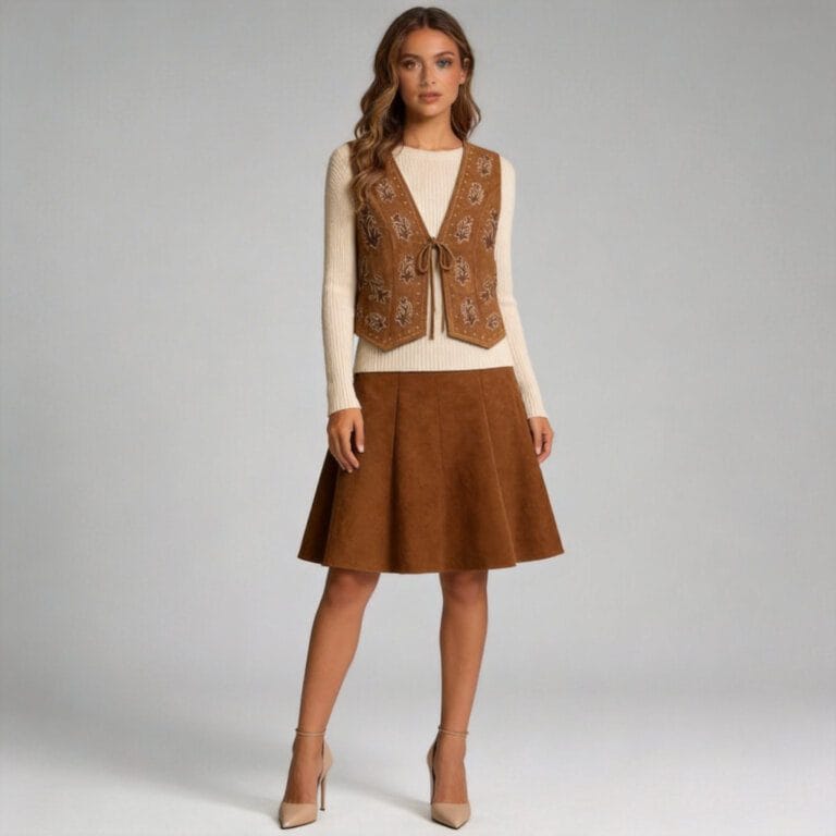 jimeng 2026 03 23 6610 模特正面站立，身着棕色马甲，内搭米色针织衫，下装棕色A字裙，脚踩裸色尖头高跟鞋。...