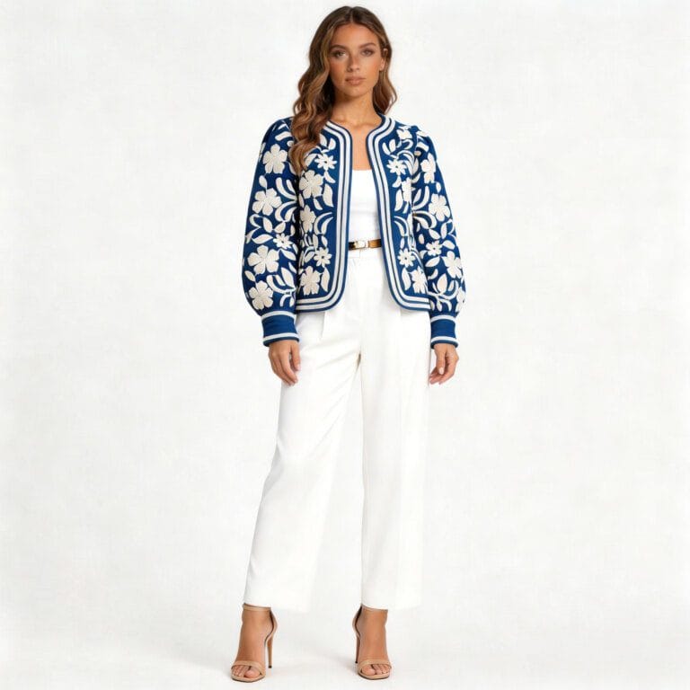 jimeng 2026 03 23 4254 将第一张图片的模特替换为穿着第二张图片的夹克，背景改为纯浅灰色，模特穿高跟鞋，下...