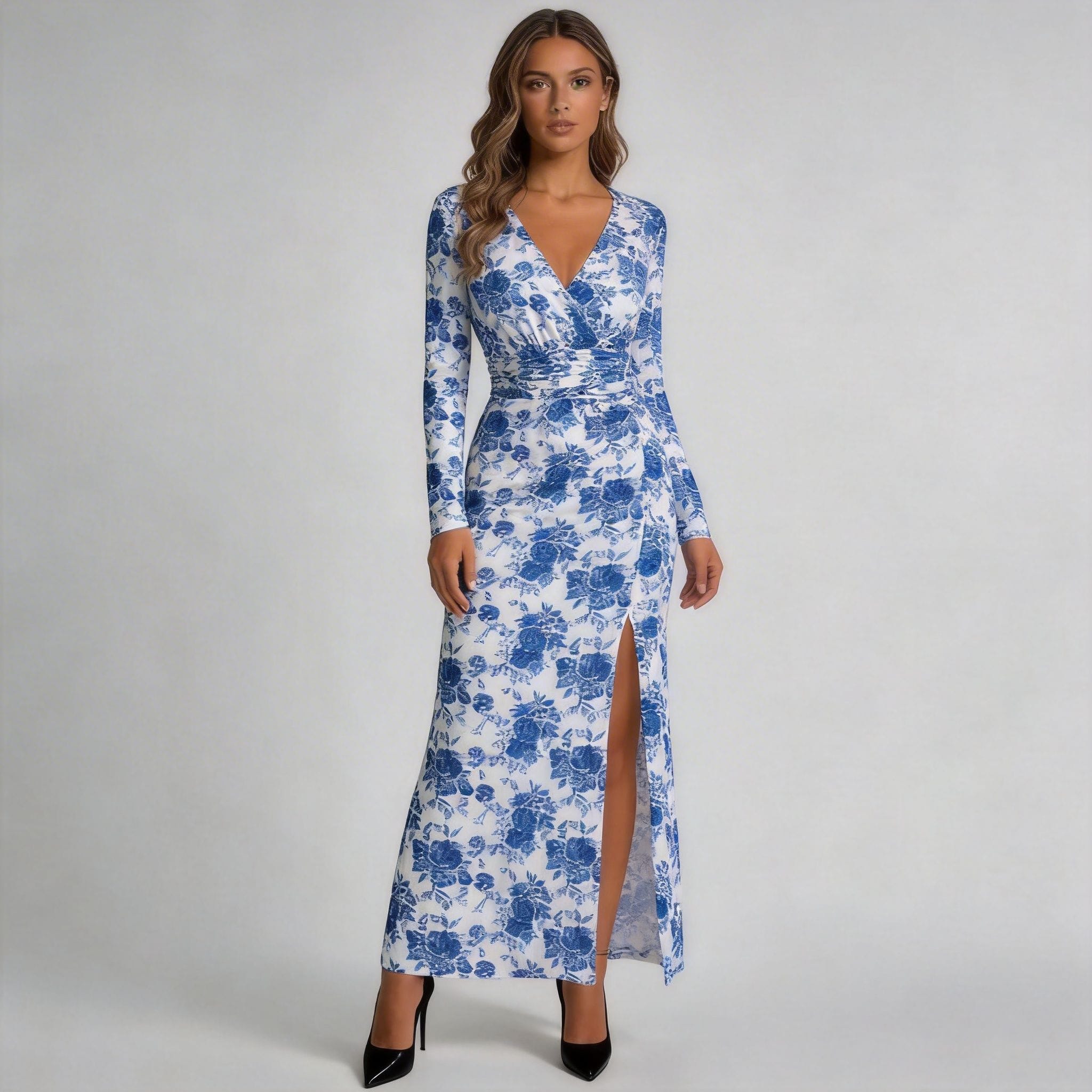 Custom Polyester Dtg Printed Dresses - Blue Floral V-Neck Front Design