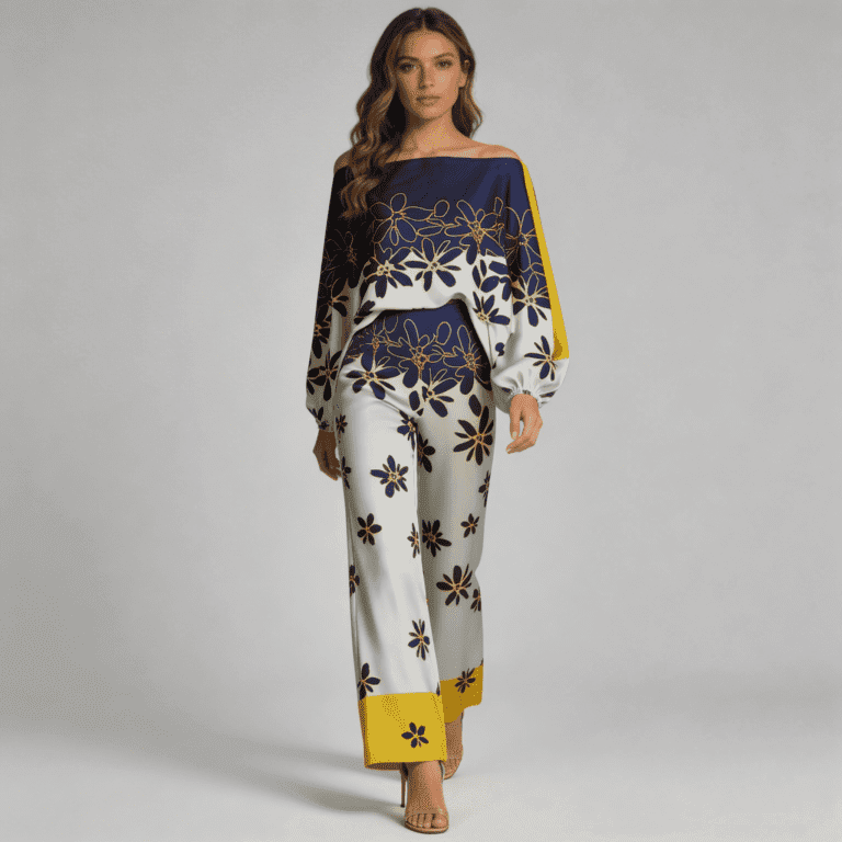 Jimeng 2026 03 26 5871 将@图片1的模特替换到图2的蓝黄花朵阔腿裤套装中，背景改为纯浅灰色，模特穿着高跟...