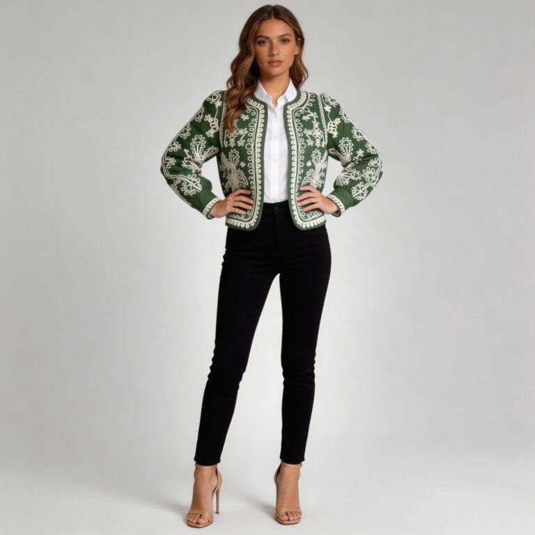 jimeng 2026 03 23 3356 将第一张图片的模特替换为穿着第二张图片的绿色夹克，背景改为纯浅灰色，模特穿高跟鞋...