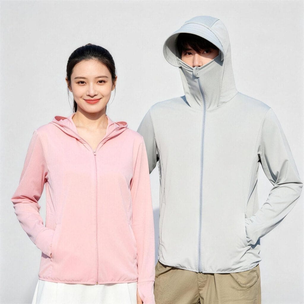 Light Pink Upf 50+ Jacket With Integrated Face Mask Design
