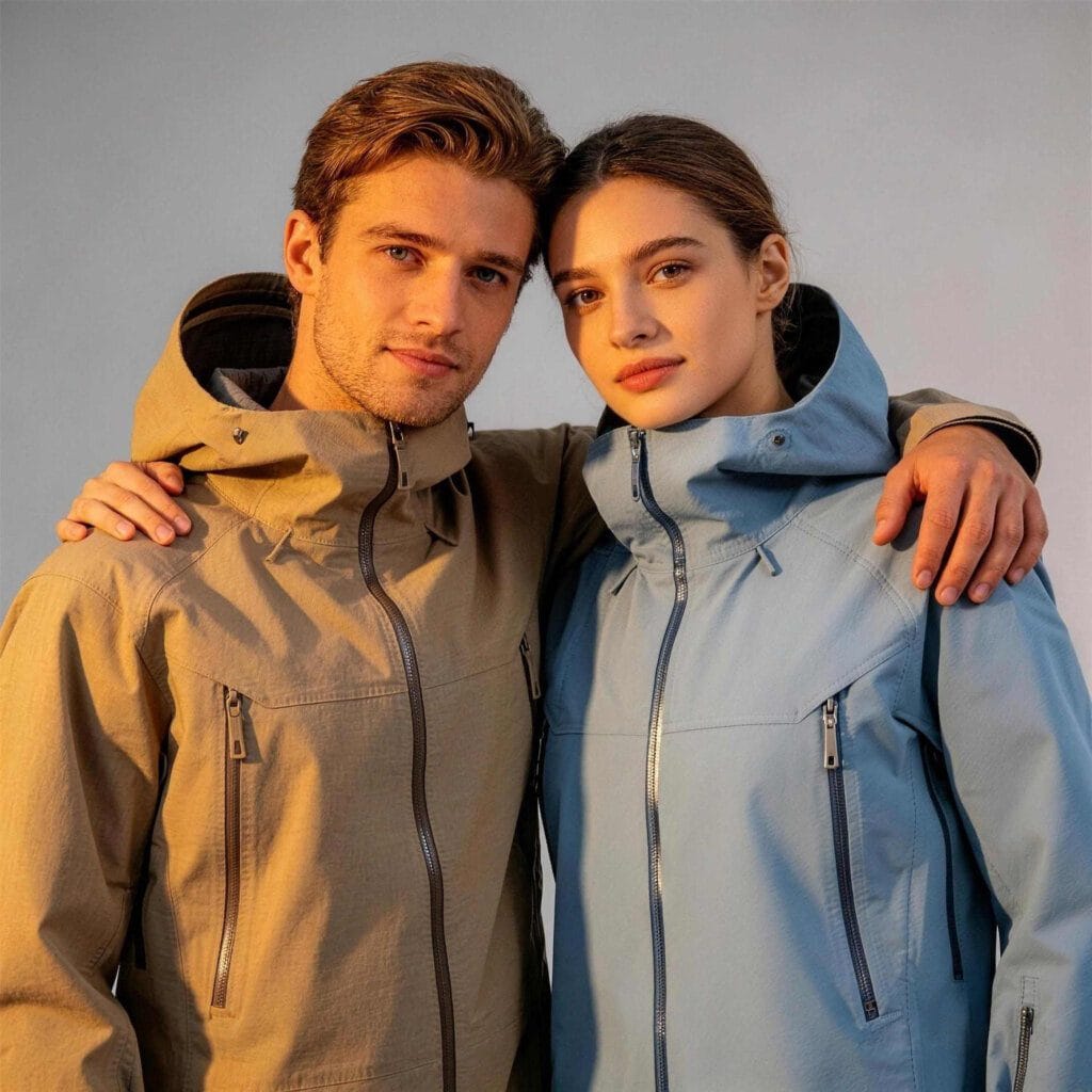 Beige Windproof Jacket With Hood And Waterproof Zipper Pockets