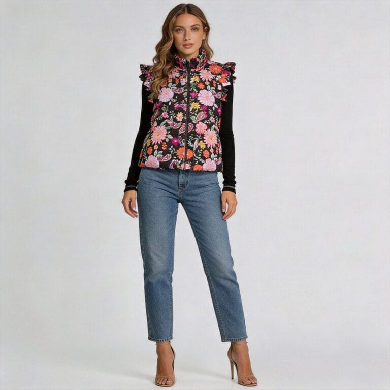 jimeng 2026 03 24 3264 将第一张图片的模特与第四张图片的马甲进行合成，模特穿着第四张图片的马甲，背景为纯...