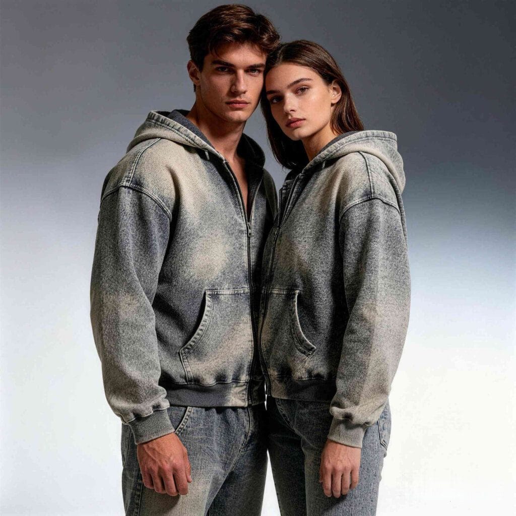Custom Acid Wash Hoodies Wholesale Zipper Detail Faded Texture