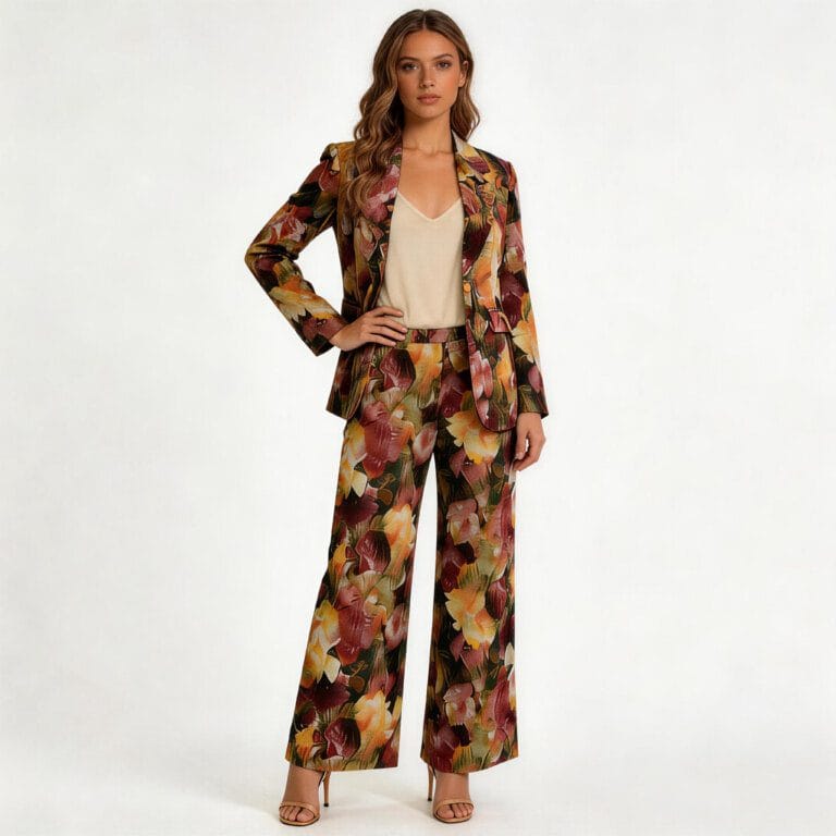 jimeng 2026 03 25 2196 第一张图的模特穿着油画风花卉西装套装，脚穿高跟鞋，侧身单手叉腰站立，展现服装版型...