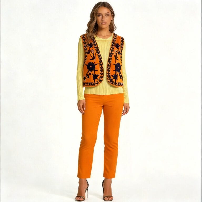 jimeng 2026 03 25 4029 将模特的衣服替换为橙色刺绣马甲，添加内搭，下装搭配同色系裤子，背景改为纯浅灰色，...