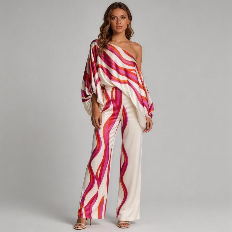 Jimeng 2026 03 25 9668 第一张图的模特穿着同款粉橙条纹缎面套装，脚穿高跟鞋，侧身站立，手自然下垂，展现服...