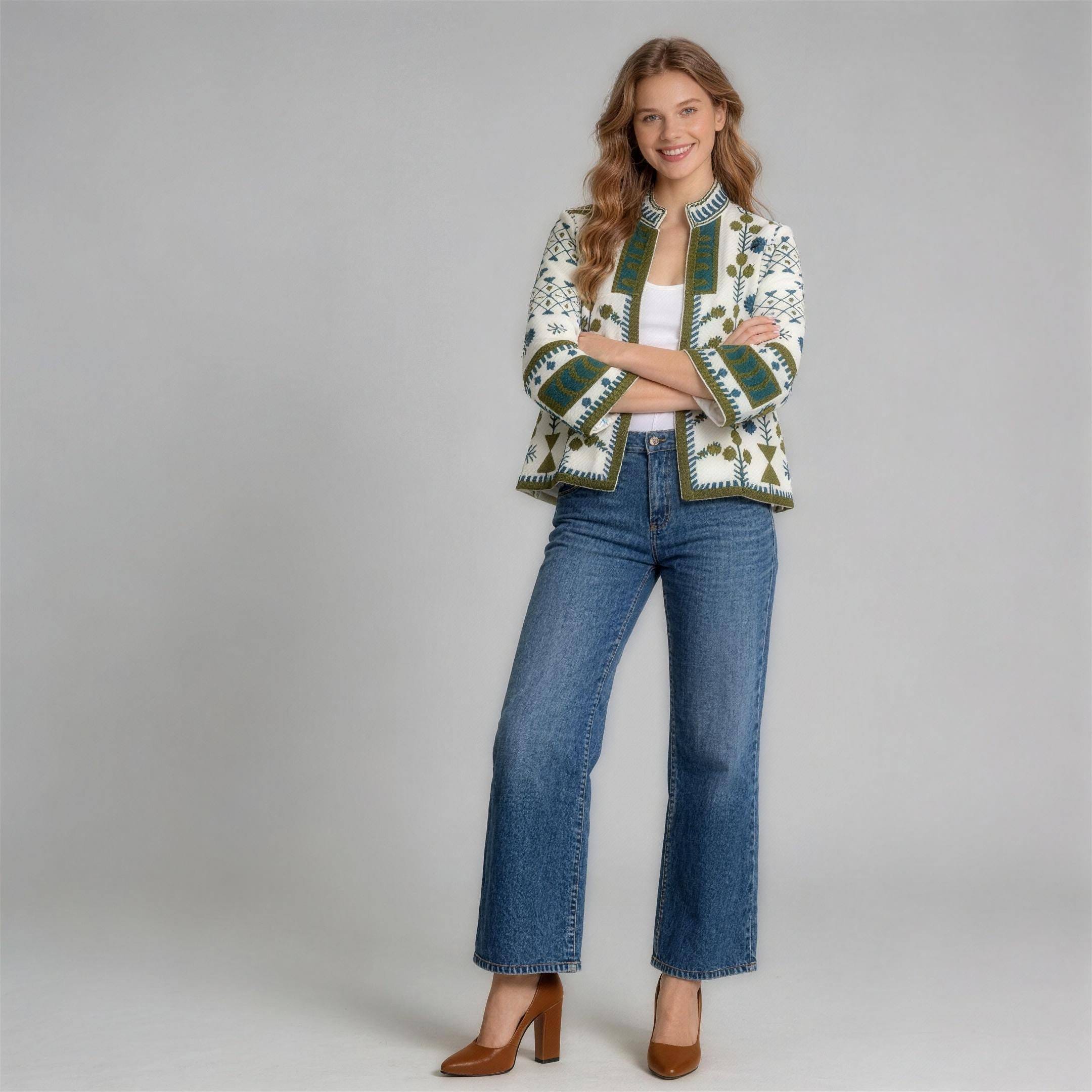 Custom Bohemian Cardigans And Dusters - Green Floral Pattern Front View