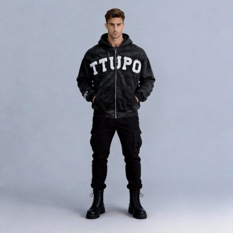 jimeng 2026 03 27 8078 将图片1中的模特替换为穿着图片5中的黑色做旧连帽衫，搭配黑色工装裤和黑色马丁靴，...