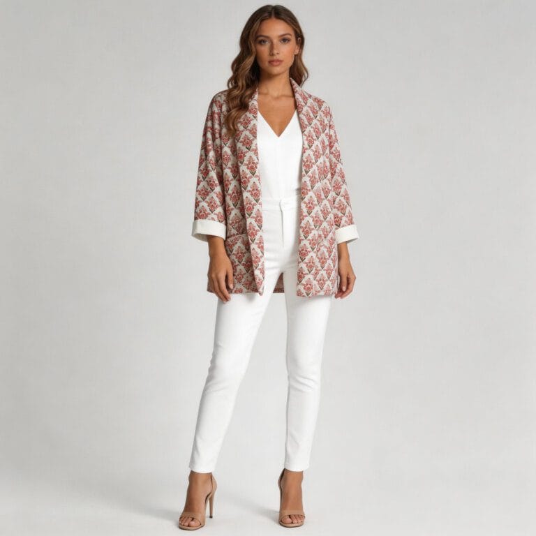 jimeng 2026 03 23 3933 将第一张图片的模特替换为穿着第二张图片的夹克，背景改为纯浅灰色，模特穿高跟鞋，下...