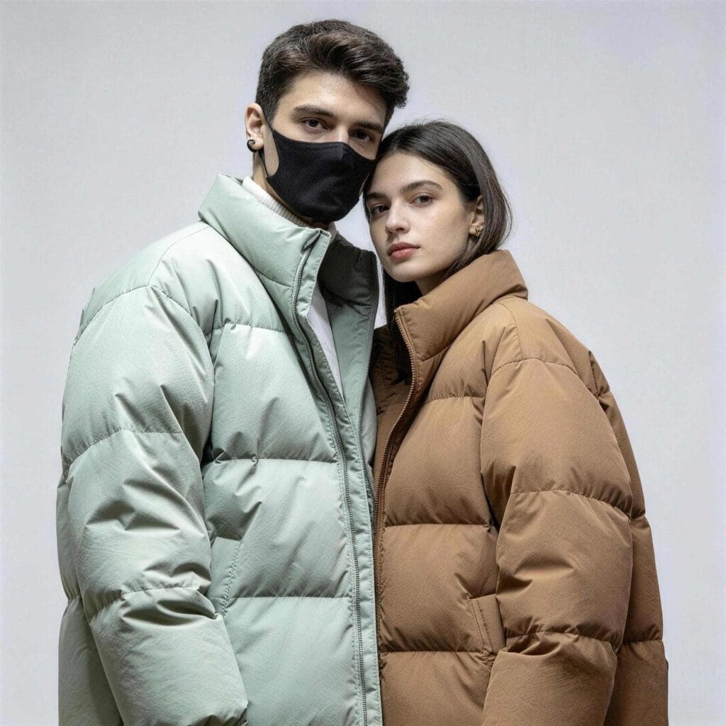 Green Custom Down Jackets Wholesale Stand Collar Front View Women