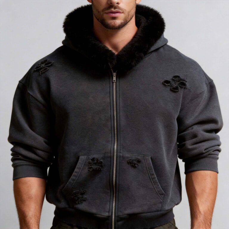 jimeng 2026 03 30 8012 将模特替换为第一张图片中的欧美男模特，穿着第二张图片的连帽衫，背景改为纯浅灰色，...