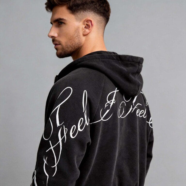 jimeng 2026 03 27 4132 将第一张图片中的欧美男模特与第二、三张图片中的连帽衫进行合成，模特穿着连帽衫，侧...