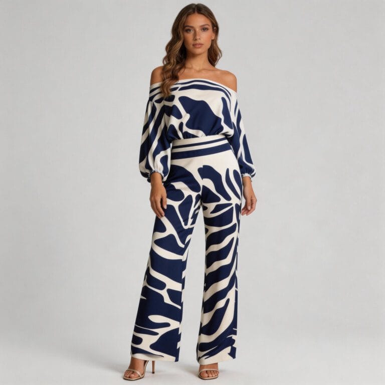 Jimeng 2026 03 26 1912 将@图片1的模特替换到图2的蓝白条纹露肩阔腿裤套装中，背景改为纯浅灰色，模特穿着...