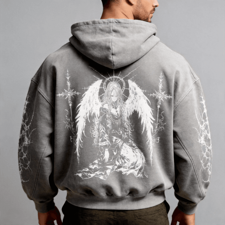 Jimeng 2026 04 15 8722 将模特1 与连帽衫背面2 结合，生成模特穿着该连帽衫的背面半身照片，背景为纯浅灰...