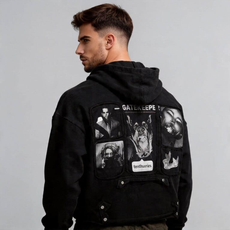 Jimeng 2026 04 16 7629 模特1 穿上连帽衫2 ，生成背面上半身照，衣长与模特3 原穿着长度一致，背景纯浅...