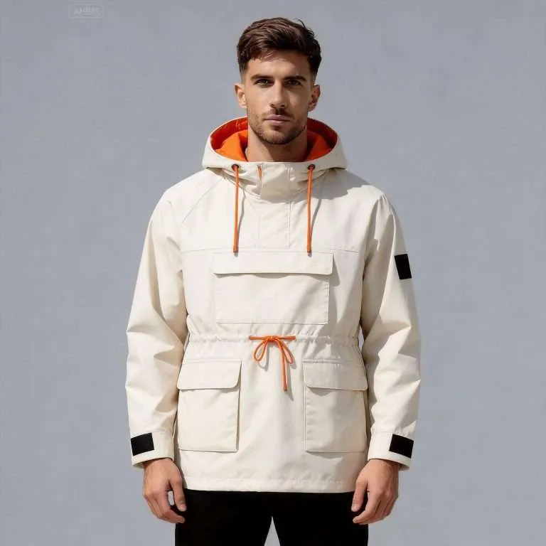 wholesale anorak windbreaker manufacturer mens cream pullover contrast orange drawstring cargo pockets