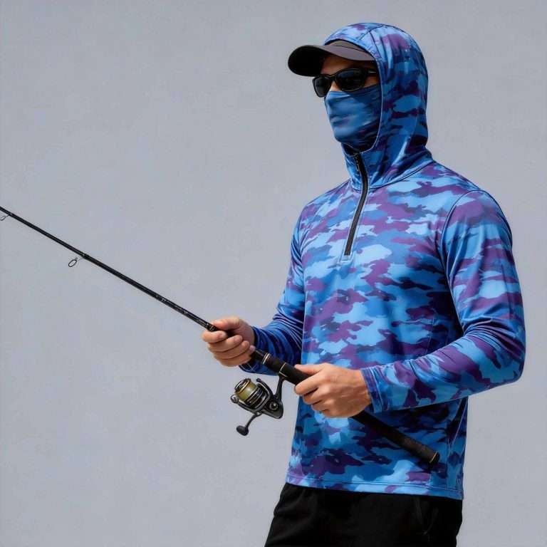 Men's blue-purple camo fishing hoodie with face mask front view - custom camo fishing hoodie manufacturer China, full camo with half-zip and integrated mask