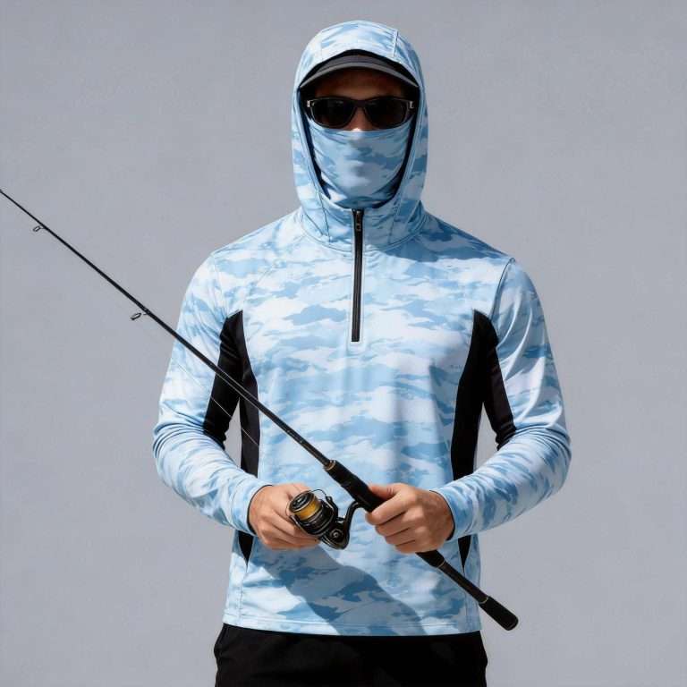 Men's light blue camo fishing hoodie with face mask front view - custom fishing hoodie manufacturer China, full camo with black side panels and half-zip
