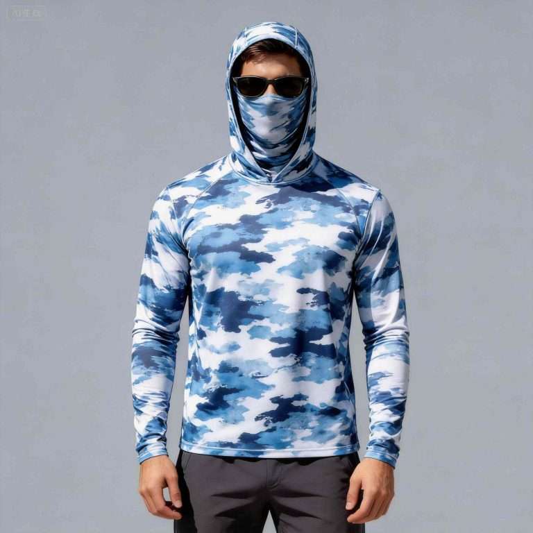 Custom blue camo fishing hoodie manufacturer China – Men's Blue Digital Camo Face Mask Hoodie Front View
