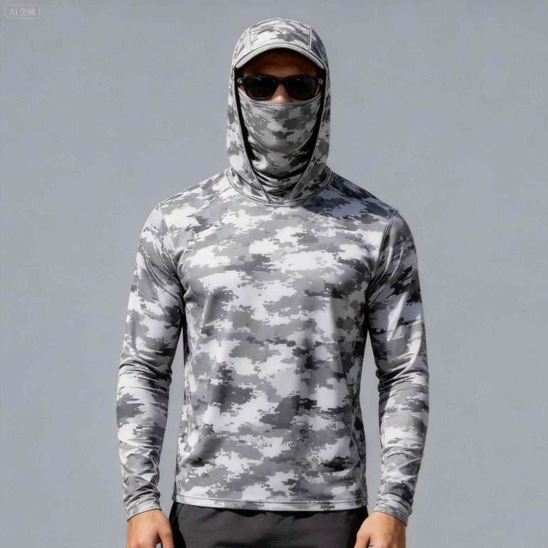 Custom grey camo fishing hoodie manufacturer China – Men's Grey Digital Camo Face Mask Hoodie Front View