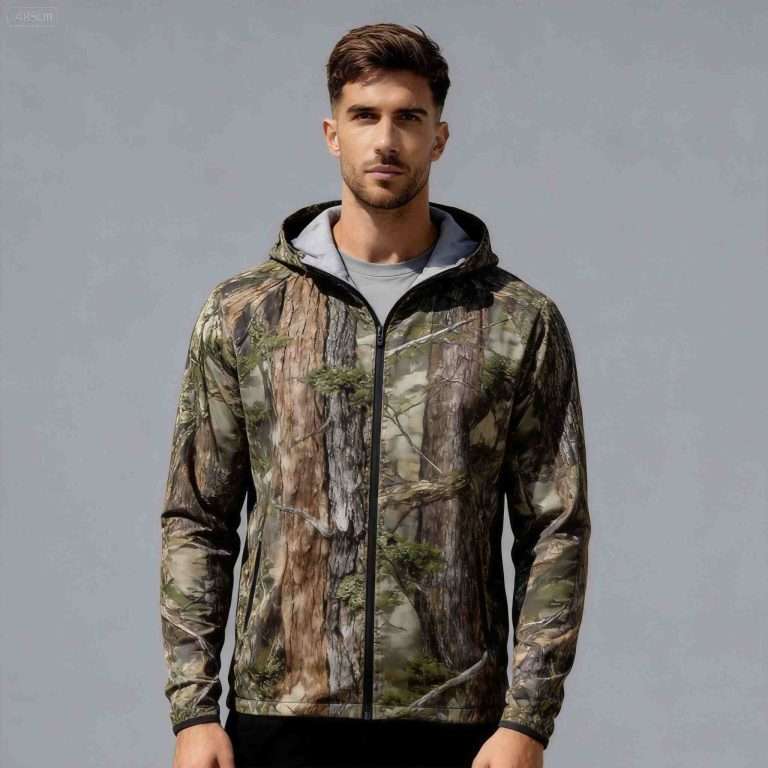 Custom digital print fishing hoodie manufacturer China – Men's Green Digital Print Camo Hoodie Front View