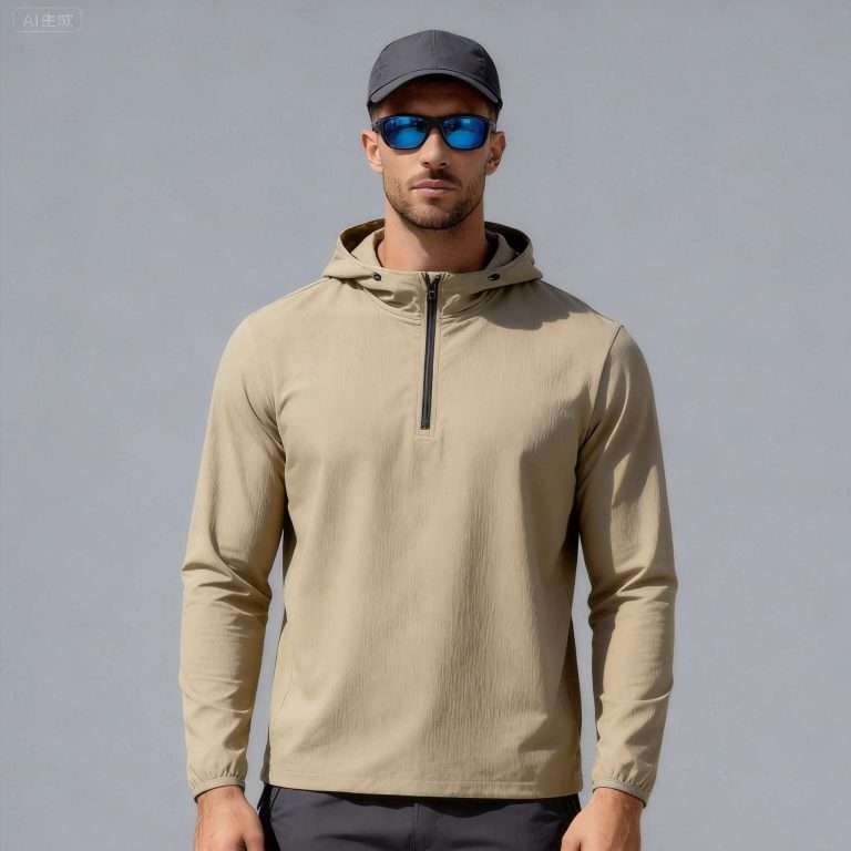 Custom solid color fishing hoodie manufacturer China – Men's Beige Half-Zip Fishing Hoodie Front View