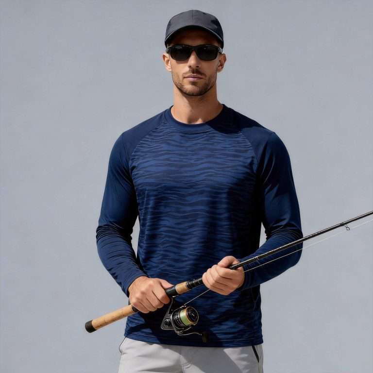 Men's navy blue wave print fishing long-sleeve tee front view - custom fishing shirt manufacturer China, wave pattern with solid raglan sleeves