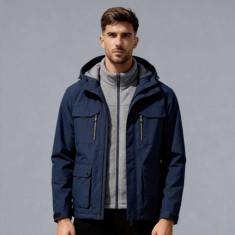 Men's 3-in-1 softshell jacket front view - custom softshell jacket manufacturer China, navy blue with detachable hood and multiple pockets