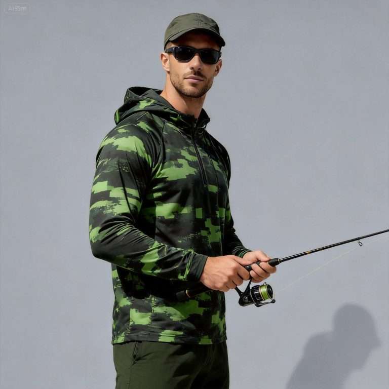 Men's green camo fishing sun protection hoodie front view - custom camo fishing apparel manufacturer China, full camo pattern with half-zip front