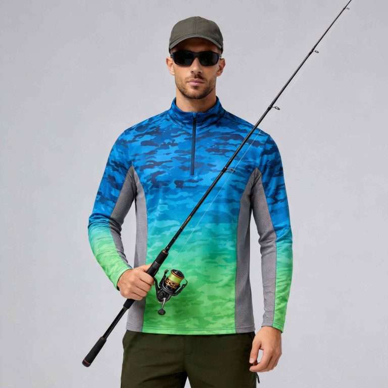 Men's blue-green gradient camo fishing quarter-zip front view - custom gradient fishing shirt manufacturer China, gradient pattern with grey side panels