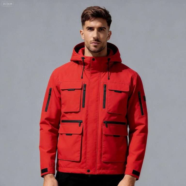 Men's red tactical work jacket front view - custom tactical jacket manufacturer China, multi-pocket design with black zipper details