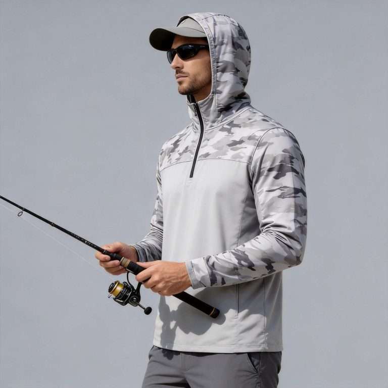Men's camo fishing sun protection hoodie front view - custom fishing apparel manufacturer China, grey camo pattern with half-zip front