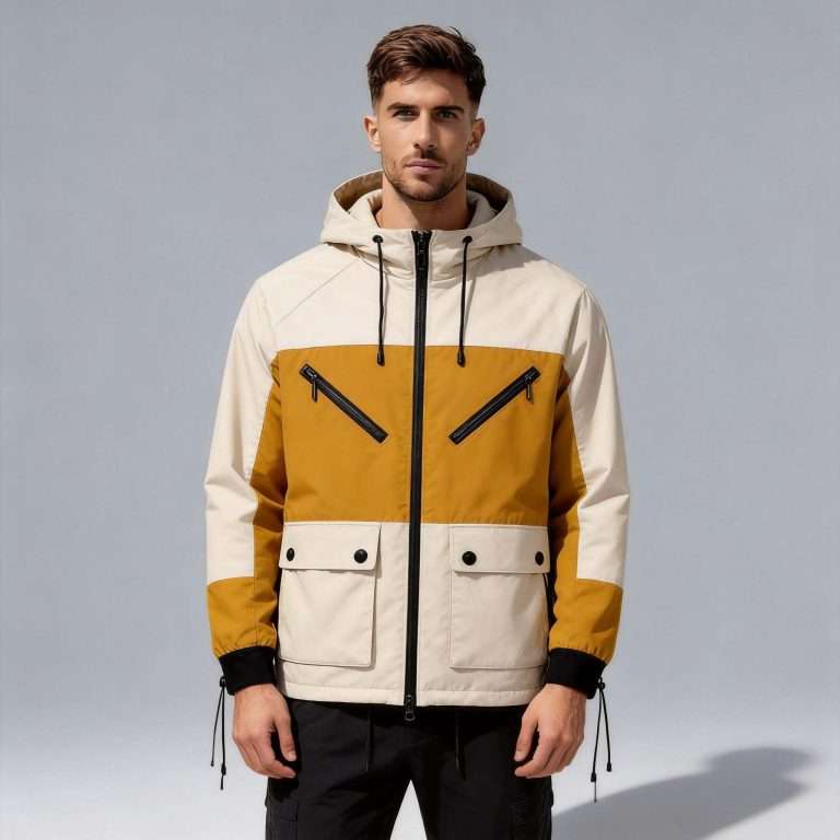 Men's color block hooded windbreaker jacket front view - custom hooded windbreaker manufacturer China, beige and mustard yellow panels with black full-zip front