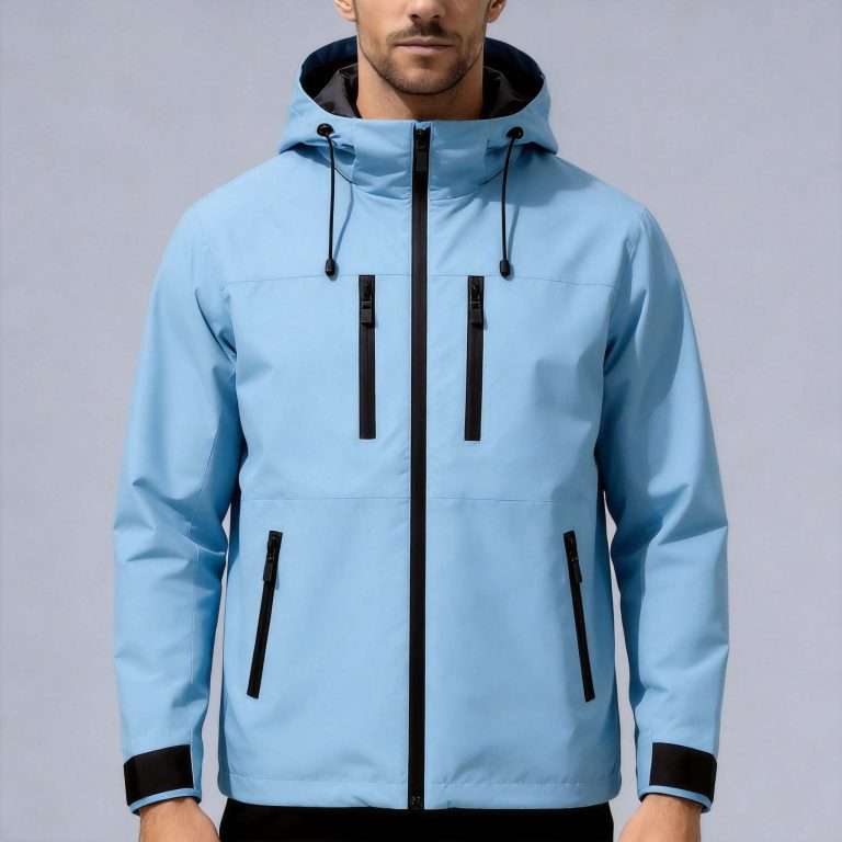 wholesale softshell jacket manufacturer men's sky blue hooded nylon multi zip pocket jacket OEM China