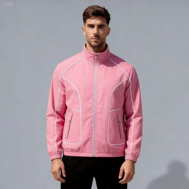 wholesale lightweight jacket manufacturer men's pink nylon contrast piping stand collar zip jacket OEM China
