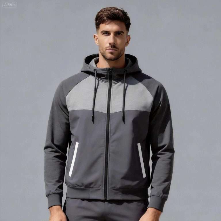 Men's color block hooded windbreaker jacket front view - custom hooded windbreaker jacket manufacturer China, dark grey and light grey panels with black full-zip front